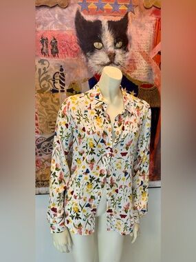 Equipment Femme Cream Floral & Butterfly Silk Blouse XS EC